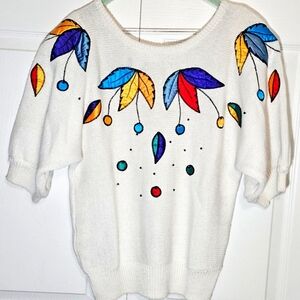 Vintage‎ V-neck Sweater Mardi Gras Beaded Womens Small Embellished White Dolman